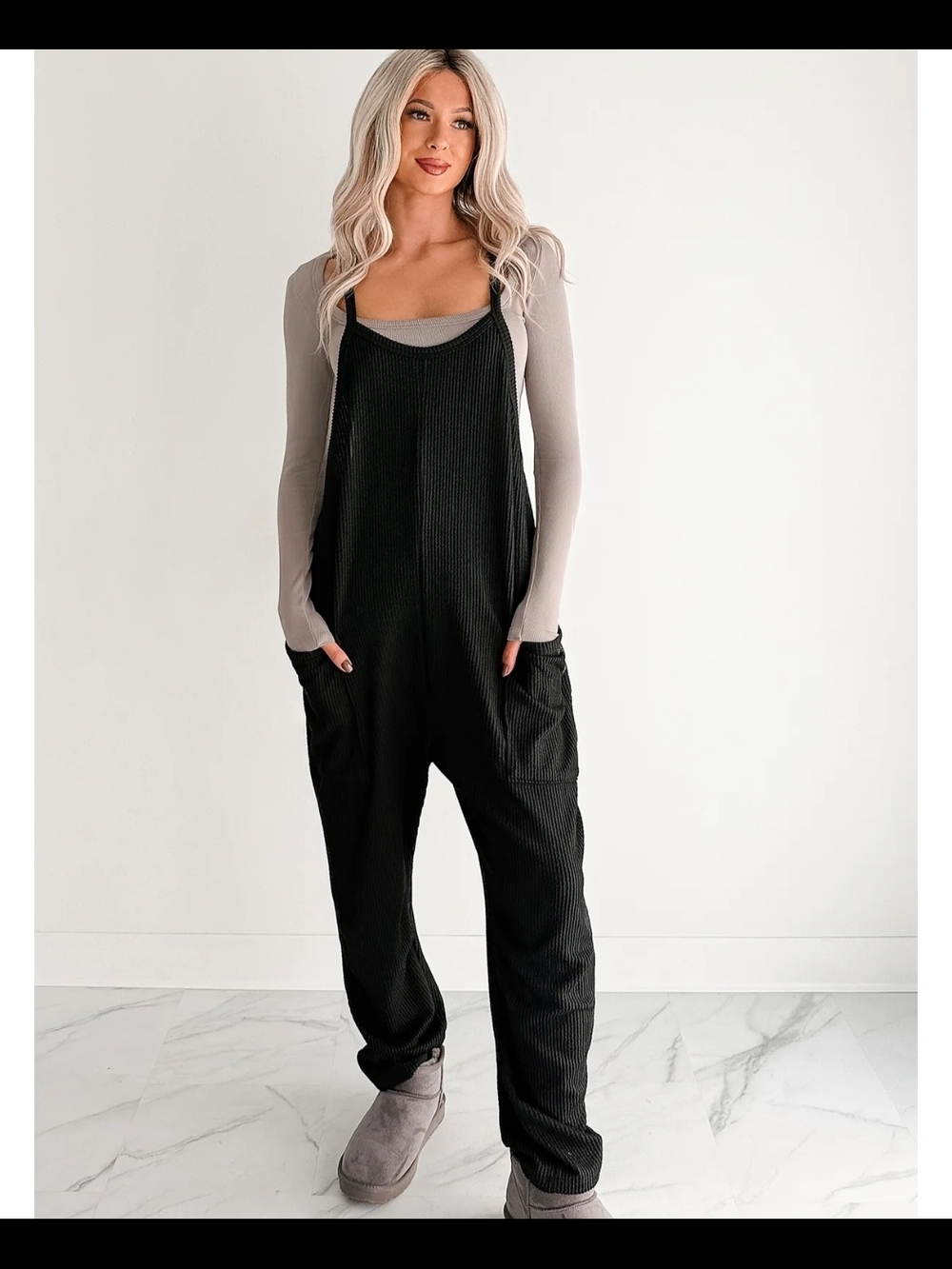 Black Ribbed Wide-Leg Jumpsuit